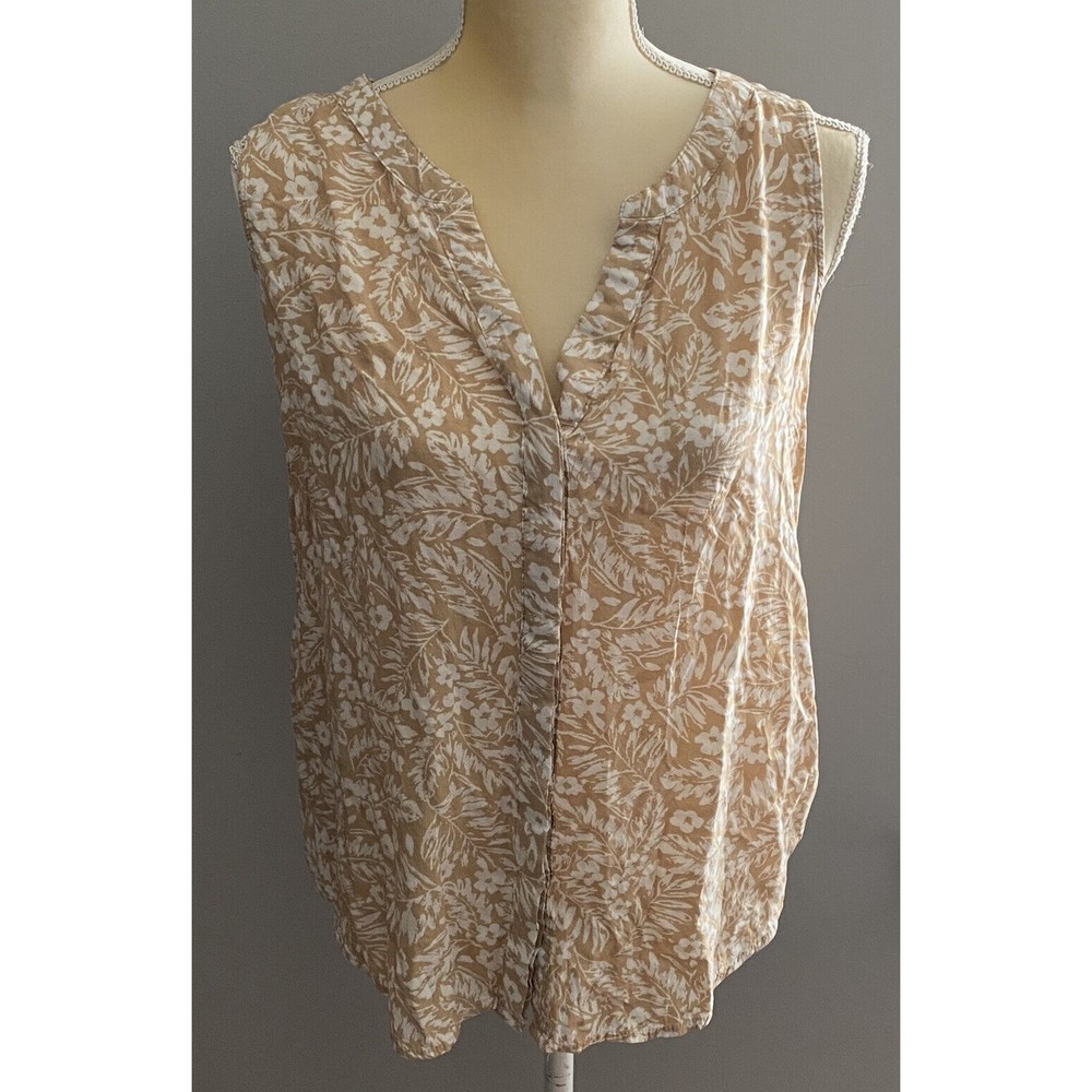 Denver Hayes Sleeveless Button Up V-Neck Tan & White Floral Blouse Size XLarge